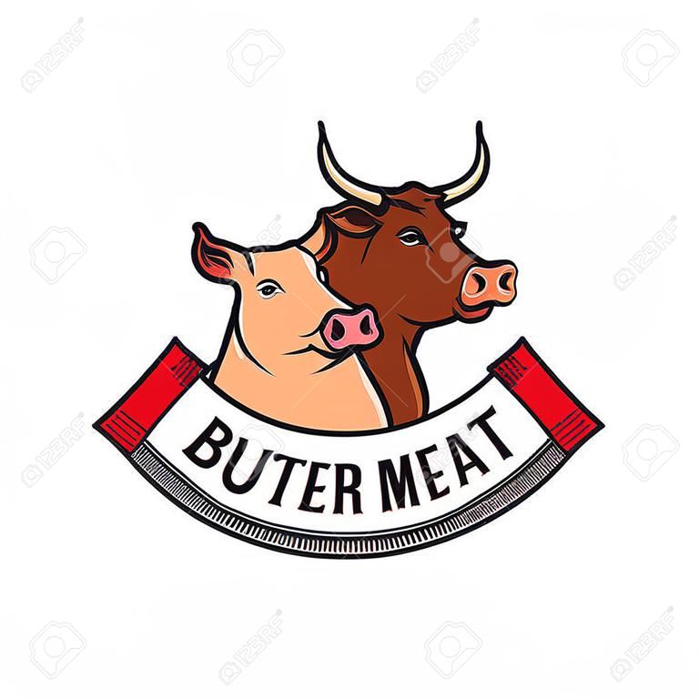 vector Ilustração, de, açougue, loja, logotipo, carne, etiqueta, modelo, com, vaca, e, porco