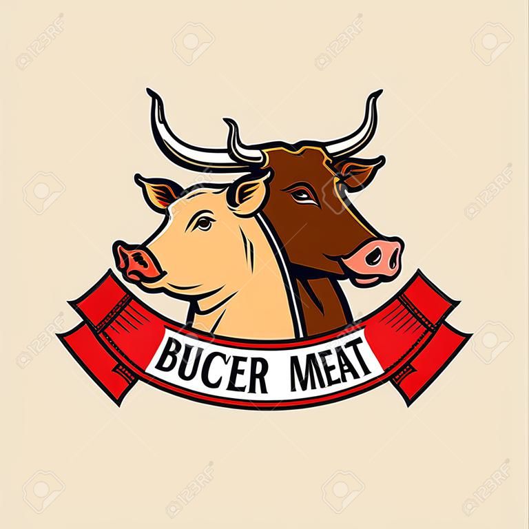矢量说明屠夫店标志肉类标签模板与牛和猪
