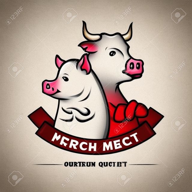 ベクトル肉屋店ロゴのイラスト、牛や豚の肉ラベル テンプレート