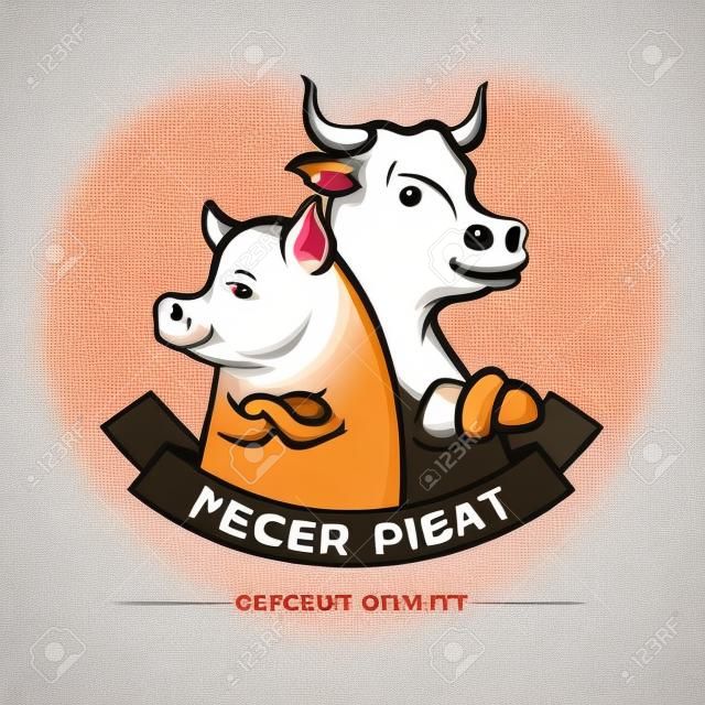 vector Illustratie van slagerslogo, vleesetiket met koe en varken