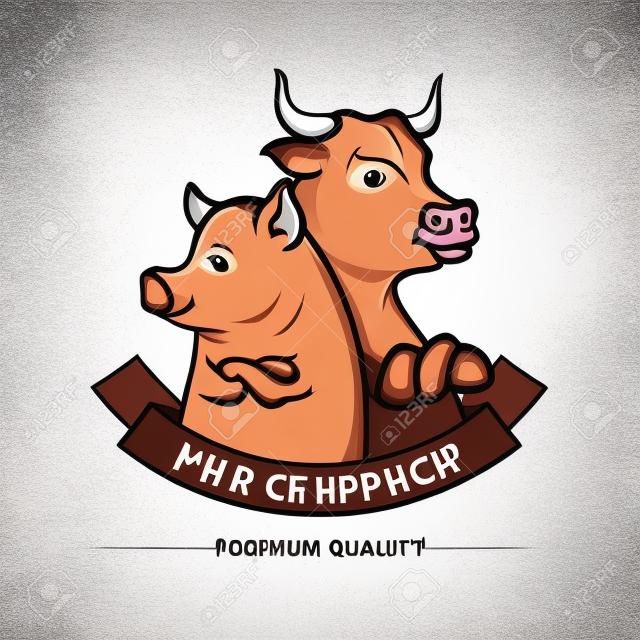 矢量说明屠夫店标志肉类标签模板与牛和猪