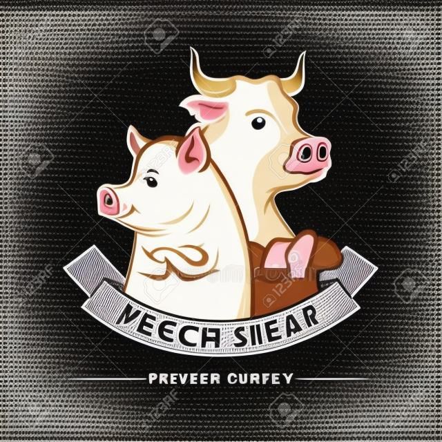 kasap dükkanı logo vektör İllüstrasyon, inek ve domuz eti etiketi şablonu