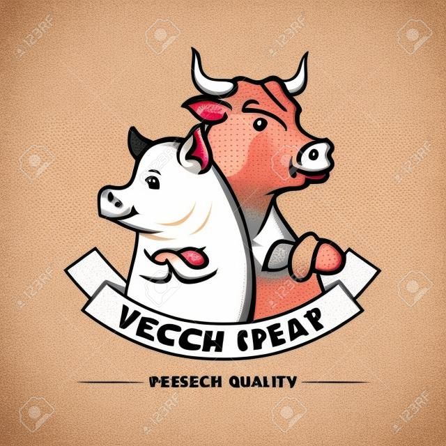 vector Ilustração, de, açougue, loja, logotipo, carne, etiqueta, modelo, com, vaca, e, porco