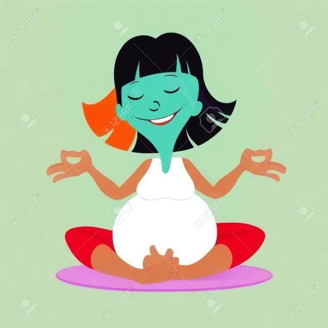 Ilustración de una mujer embarazada sonriente haciendo ejercicios de yoga