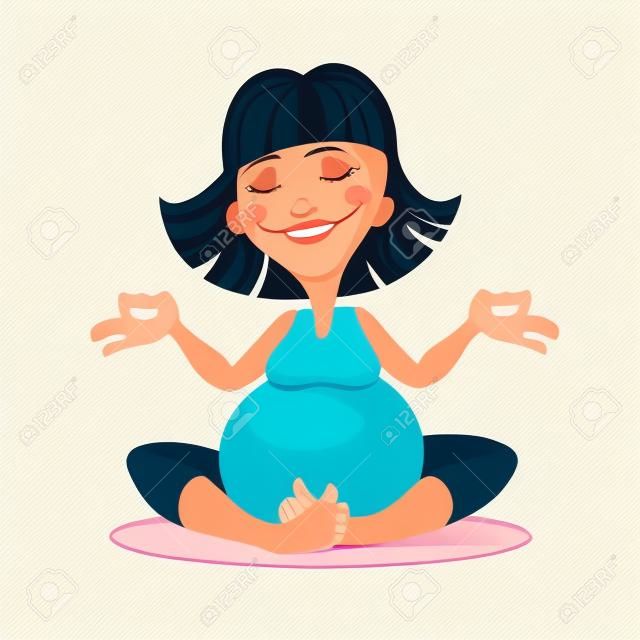 요가 연습을 하 고 웃는 임신 한 여자의 그림