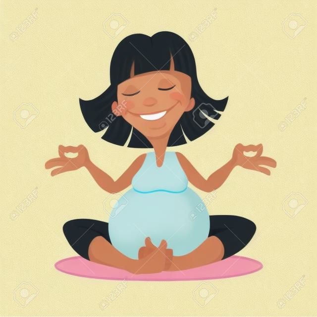 一個微笑的孕婦，做瑜伽練習的插圖