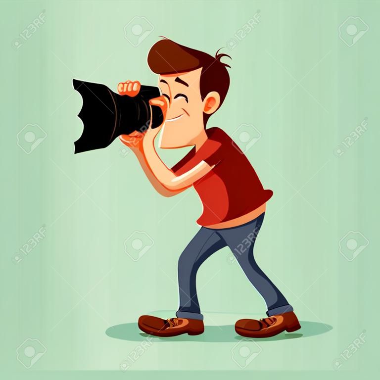 Photographer with camera catch the moment. Vector cartoon.