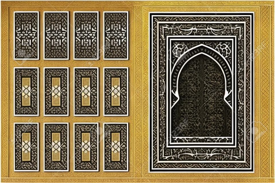 Un set di modelli di finestre arabe e 12 pannelli per la privacy per il taglio laser. Design in stile tradizionale orientale. Attraverso il taglio di carta, vinile, compensato, legno.