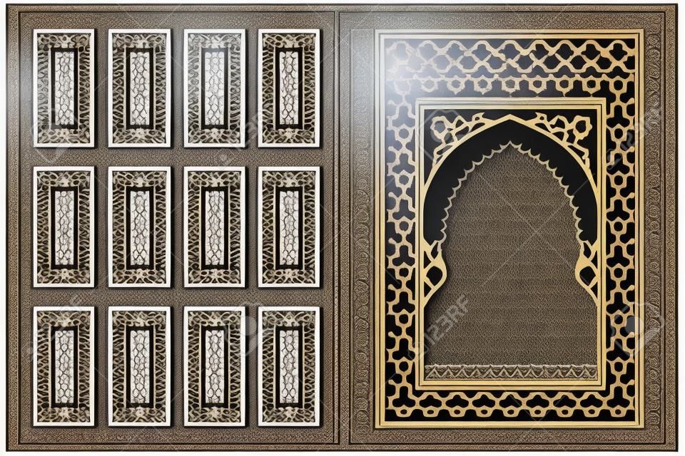 Un conjunto de plantillas de ventanas árabes y 12 paneles de privacidad para corte por láser. Diseño en estilo tradicional oriental. Mediante corte de papel, vinilo, contrachapado, madera.