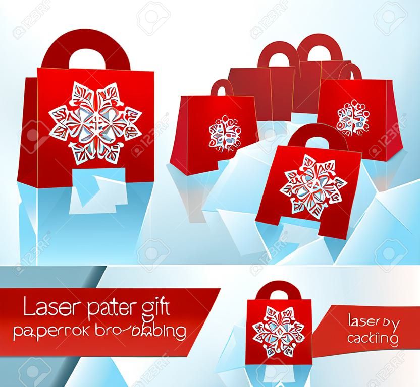 Laser pattern paper gift bag. Congratulatory packaging for retail. Openwork laser cutting template. Vector illustration