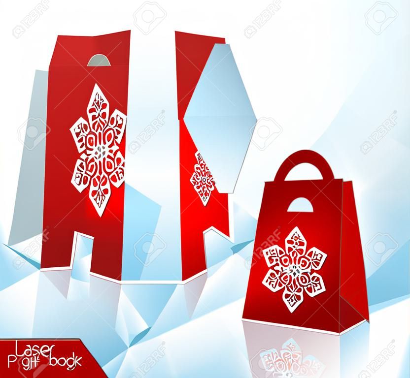 Laser pattern paper gift bag. Congratulatory packaging for retail. Openwork laser cutting template. Vector illustration