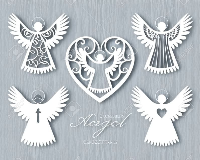 Collection of angels. Laser cut design for Christmas, Valentine's day, wedding. A set of templates silhouette cut elements to create a festive decor. Vector illustration