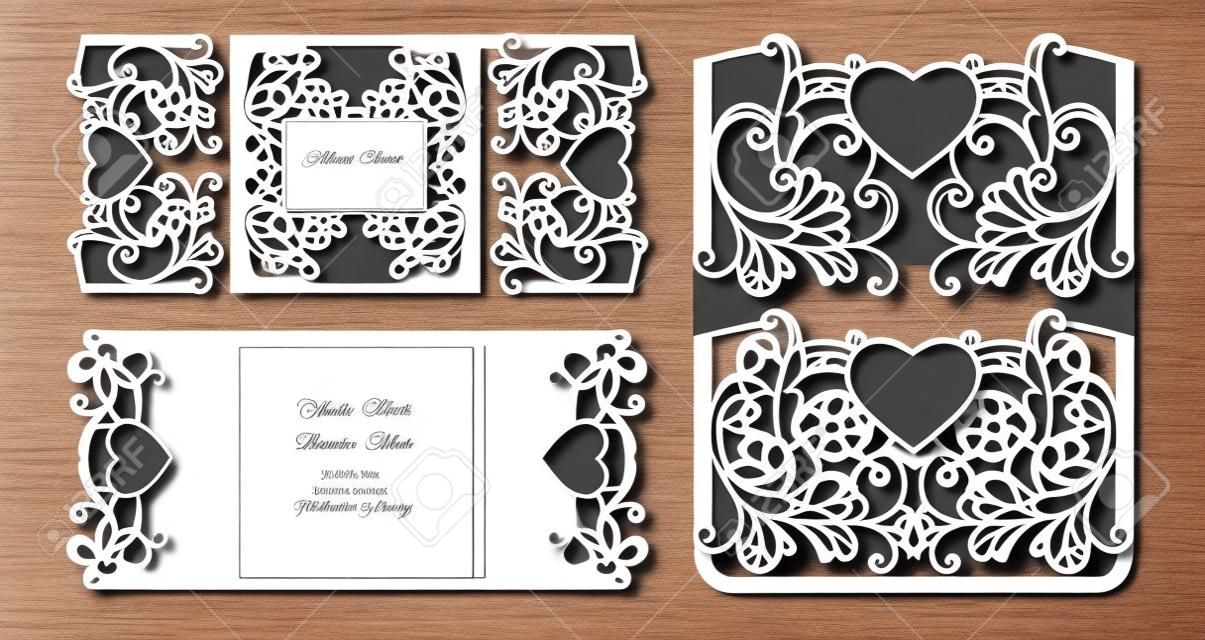 Template for laser cutting. Openwork layout of the festive envelope, a postcard for your text, a label, a note in the flowers. Wedding, romantic party, date, gift