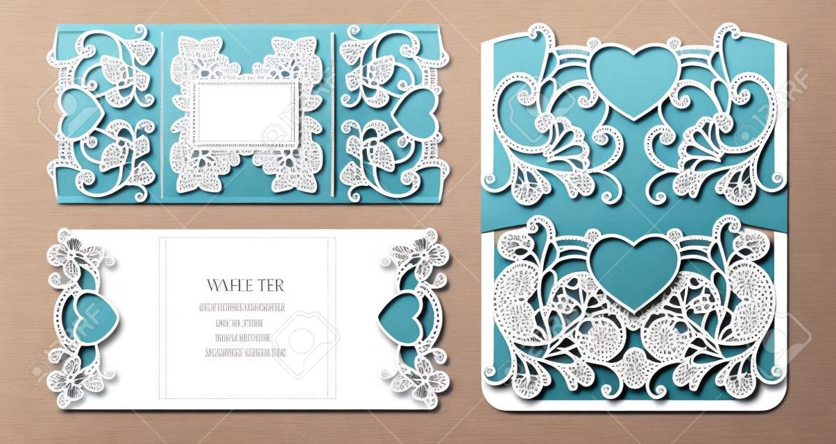 Template for laser cutting. Openwork layout of the festive envelope, a postcard for your text, a label, a note in the flowers. Wedding, romantic party, date, gift