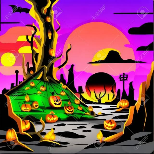 Fond d'Halloween avec cimetière d'arbres et illustration vectorielle de coucher de soleil