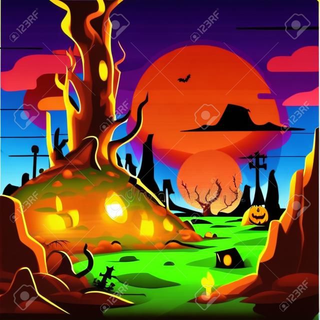 Sfondo di Halloween con il cimitero degli alberi e l'illustrazione vettoriale del tramonto