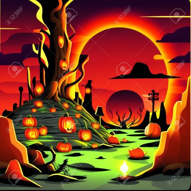 Fond d'Halloween avec cimetière d'arbres et illustration vectorielle de coucher de soleil