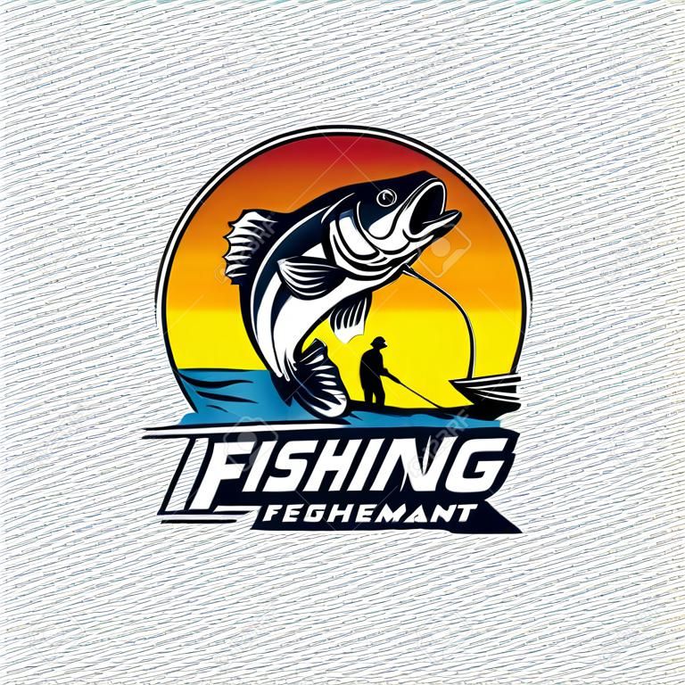 Modelo de design de logotipo de pesca. Logotipo de pesca peixe baixo com clube emblema pesca. Logotipo de pesca esportiva. logotipo de pescador