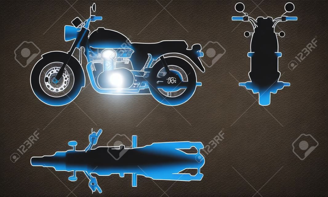 Передняя, ​​верхняя и боковые проекции велосипеда. Плоский иллюстрации для проектирования иконки мотоциклы