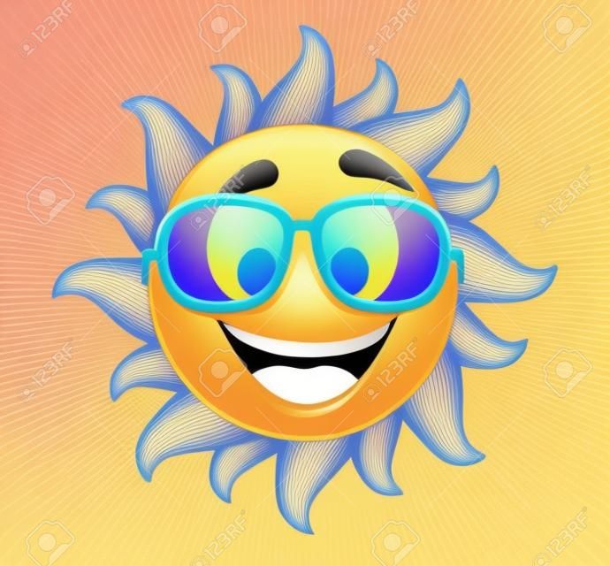 夏天的太陽臉戴著墨鏡和幸福的笑容。矢量插圖