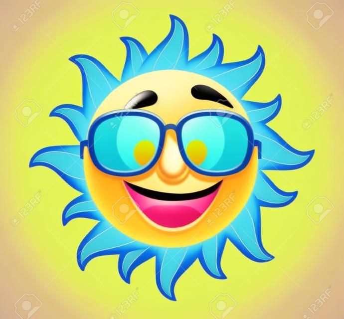 Summer Sun Face with sunglasses and Happy Smile. Vector Illustration