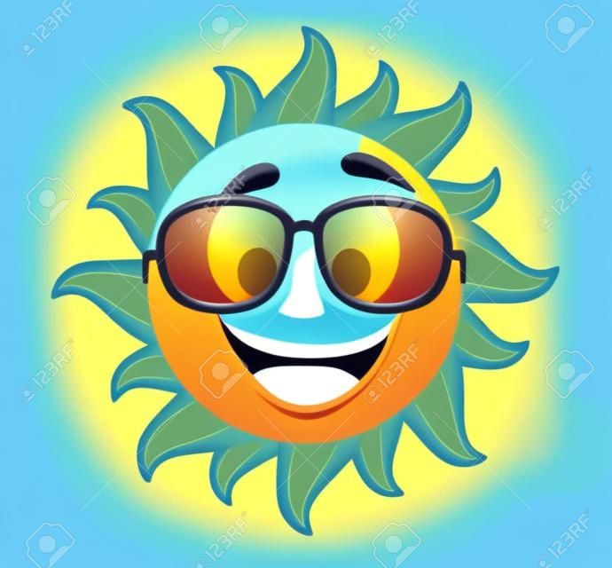 Güneş gözlüğü ve mutlu gülümseme ile Yaz Güneş Yüz. Vector Illustration