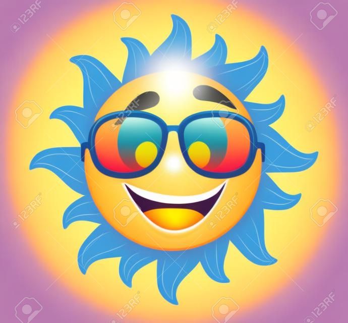Summer Sun visage avec des lunettes et sourire heureux. Illustration Vecteur