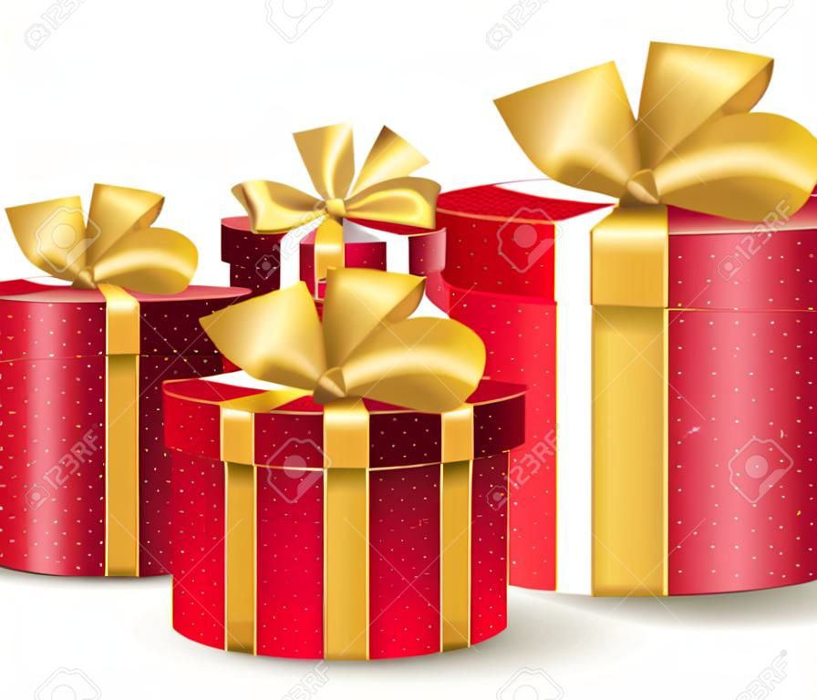Реалистичные 3D красный подарки с красочными золотыми лентами Оберните шаблон для Пунктирная День рождения Валентина или Празднование Рождества в белом фоне. Редактируемые векторные иллюстрации.