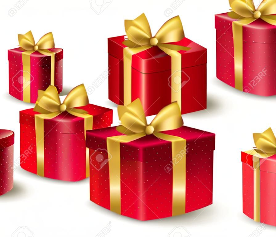 逼真的3D紅色禮品七彩金絲帶包裹在白色背景點狀圖案的生日情人節或聖誕節慶祝活動。可編輯的矢量插圖。