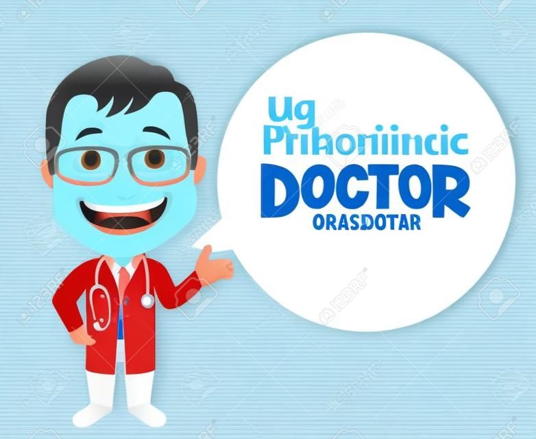 Realistyczne 3D Młody friendly Profesjonalne Lekarz medycyny Charakter Mówiąc receptę Pacjenta. Białe miejsca dla wiadomości.