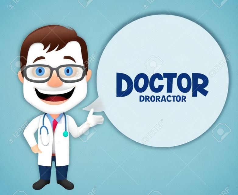 Realistyczne 3D Młody friendly Profesjonalne Lekarz medycyny Charakter Mówiąc receptę Pacjenta. Białe miejsca dla wiadomości.