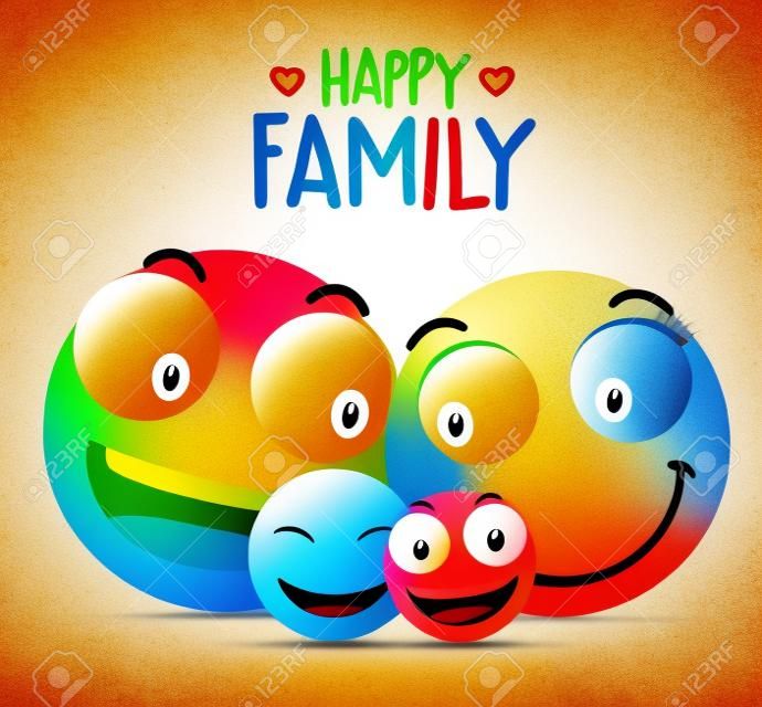 幸福的家庭笑臉字符的父親，母親和兒童粘合在一起，同時微笑著。插圖。