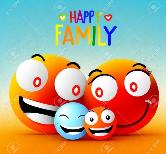 famille heureuse caractères du visage de smiley avec le père, la mère et les enfants collant ensemble en souriant. illustration.