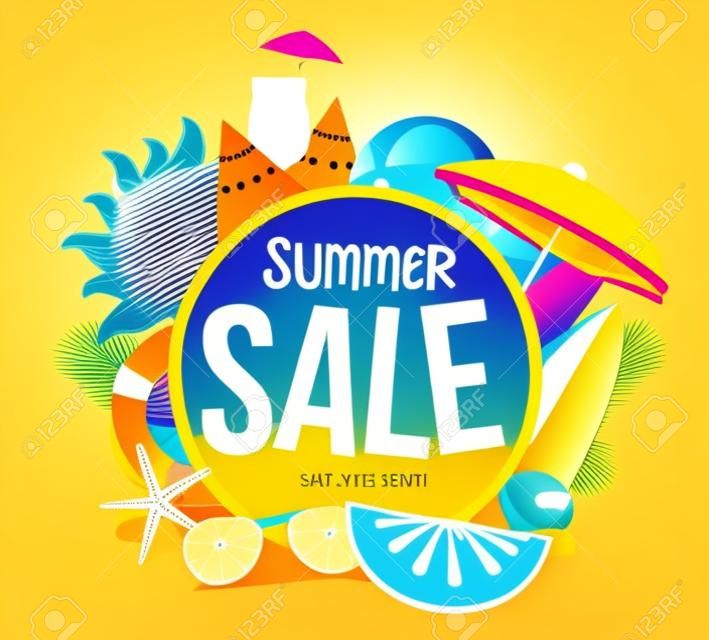 Summer sale vector banner design for promotion with colorful beach elements behind white circle in yellow background. Vector illustration.