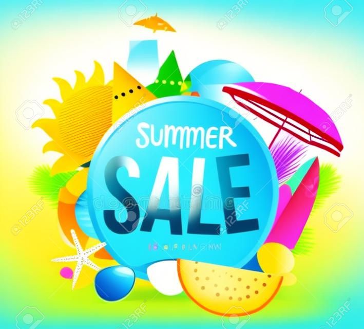 Summer sale vector banner design for promotion with colorful beach elements behind white circle in yellow background. Vector illustration.