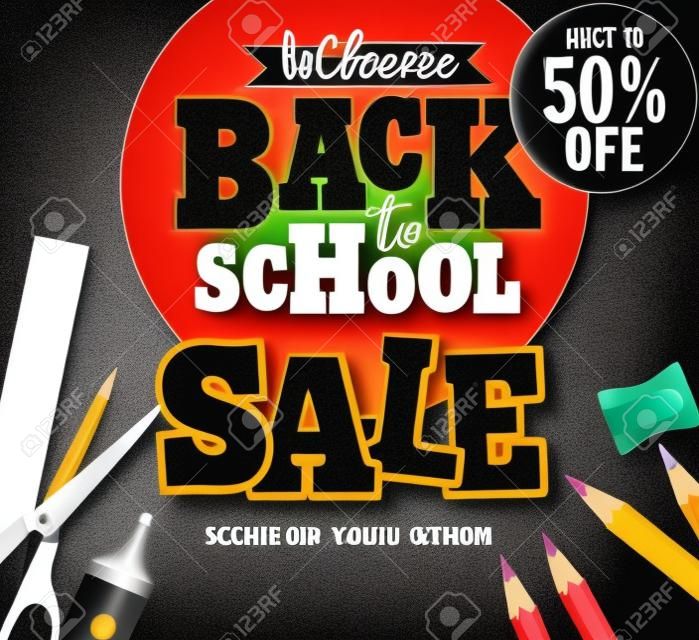Terug naar school verkoop tekst in vector met school artikelen en benodigdheden voor winkel promotie banner in zwarte structuur achtergrond.