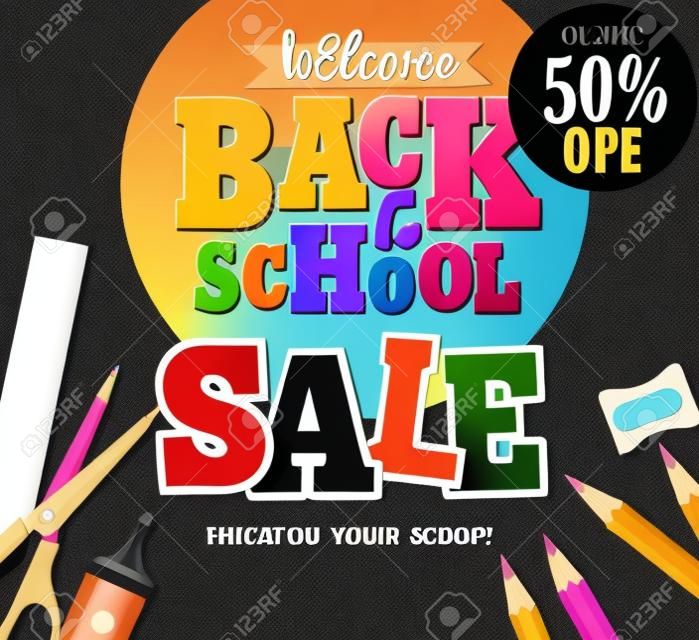 Powrót do szkoły sprzedaży tekst wektora z przedmiotów szkolnych i materiałów eksploatacyjnych dla transparentu promocji sklepu w czarnym teksturowanej tle.