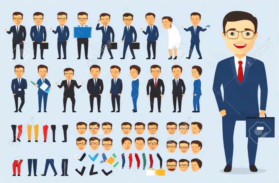 Kit de criação de personagens vetoriais masculinos de homem de negócios ou escritório. Conjunto de personagens prontos para uso e criar o seu próprio com poses e gestos isolados em branco.
