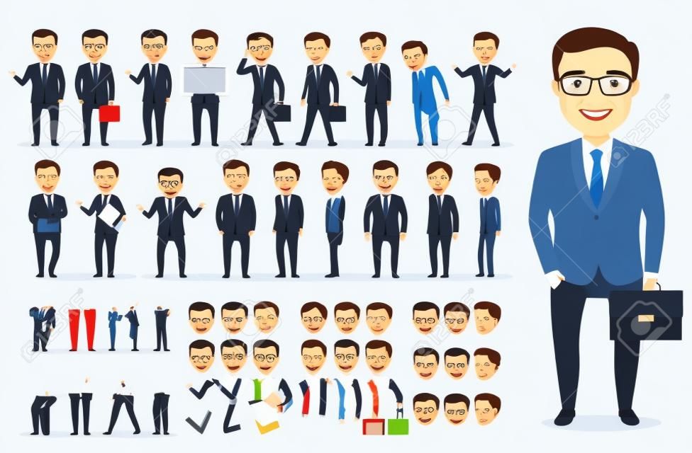 Kit di creazione di personaggi maschili di uomo d'affari o ufficio. Set di caratteri pronti per l'uso e creare il proprio con pose e gesti isolati in bianco.