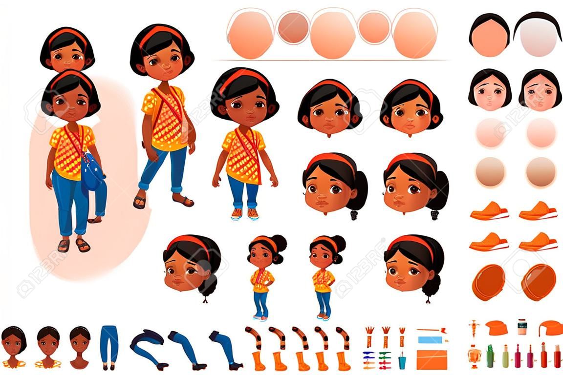 Little Black African Girl Student Character Creation Kit Template with Different Facial Expressions, Hair Colors, Body Parts and Accessories. Vector Illustration.