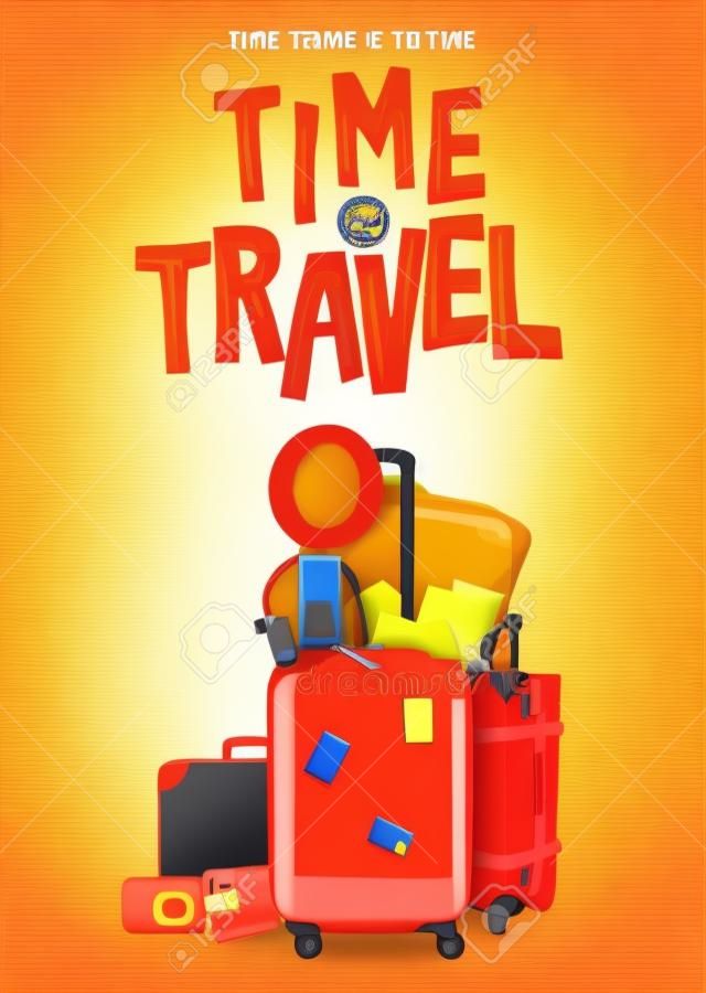 Time to Travel Tourism Poster Concept Front View with Red 3D Traveling Bag and Realistic Travel Item Elements in Yellow Orange Background Design. Vector Illustration