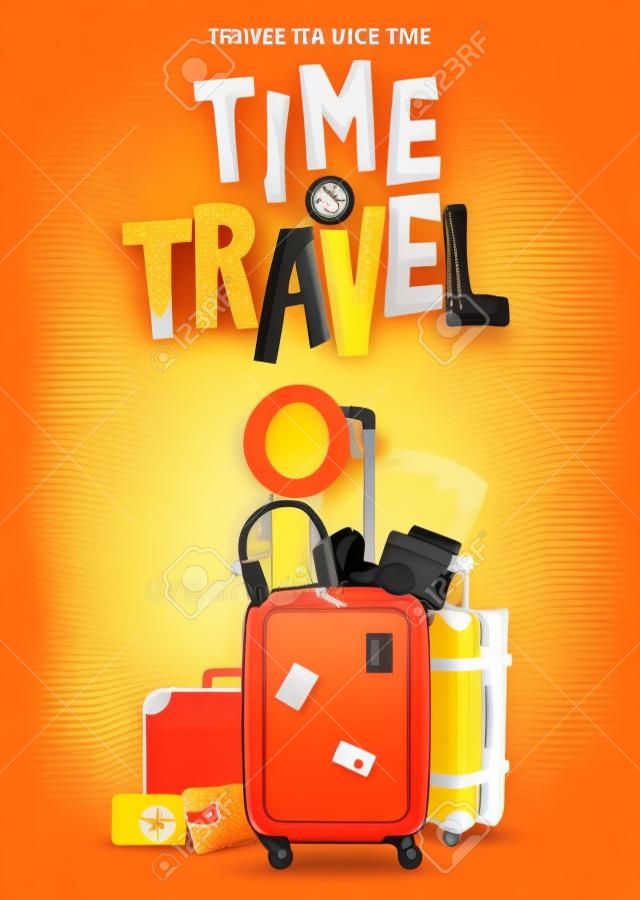 Time to Travel Tourism Poster Concept Front View with Red 3D Traveling Bag and Realistic Travel Item Elements in Yellow Orange Background Design. Vector Illustration
