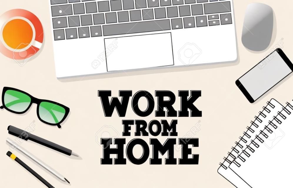 Work from home office vector background banner. Freelance remote online business job background for work from home workplace with computer elements. Vector illustration.