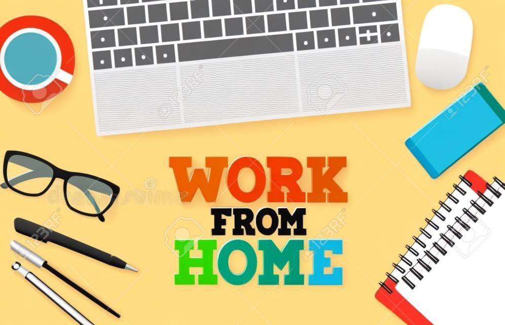 Trabalhar a partir de banner de fundo de vetor de escritório em casa. Freelance fundo de trabalho de negócios on-line remoto para o trabalho do local de trabalho em casa com elementos de computador. Ilustração vetorial.