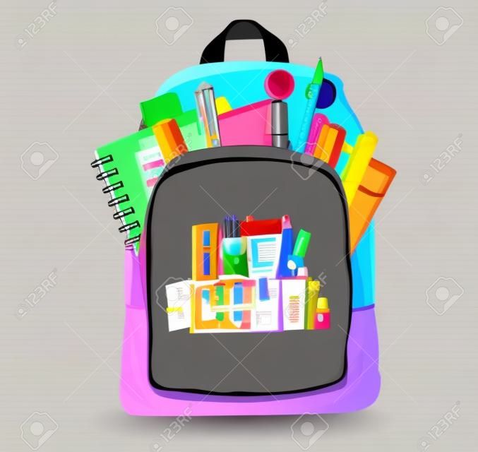 学校に戻るベクトルの概念設計。ノートブック、マーカー、電卓、教育デザイン用の水彩画などのカラフルな用品が入ったバックパックで学校に戻ってください。ベクトルイラスト