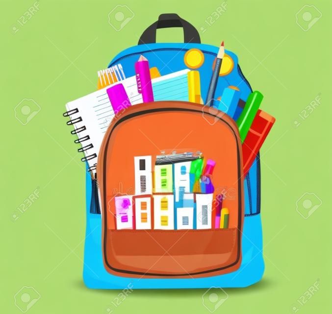 Terug naar school vector concept ontwerp. Welkom terug naar school in rugzak met kleurrijke benodigdheden zoals notebook, marker, rekenmachine en aquarelkleur voor educatief ontwerp.