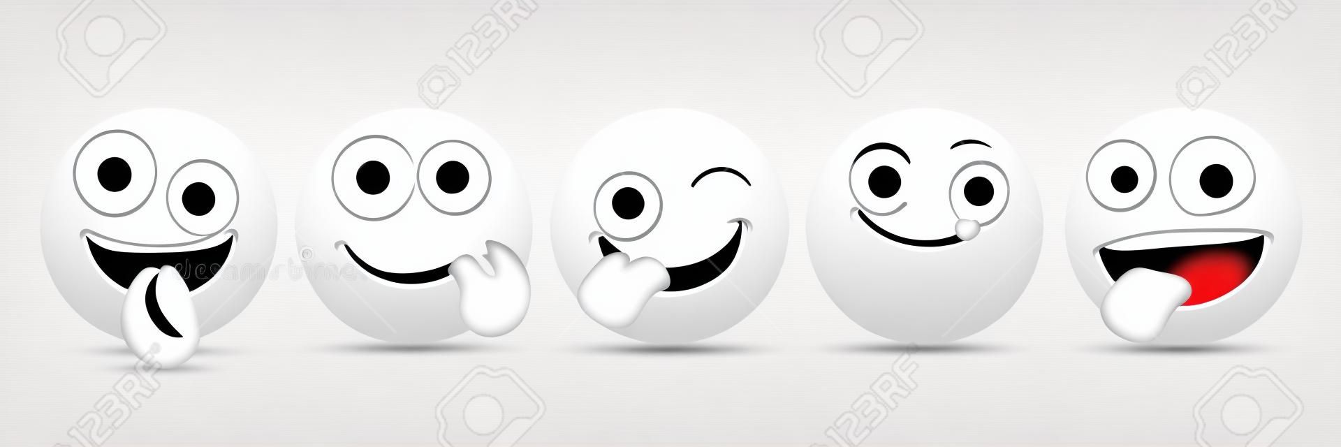Smileys naughty icon vector set. Smiley face and emoji with happy, licking and hungry facial expressions isolated in white background. Vector illustration