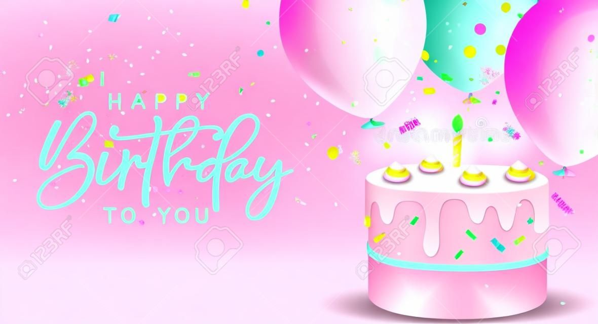 Gelukkige verjaardag vector achtergrond ontwerp. verjaardag tekst in roze ruimte voor bericht met feest cake, confetti en ballonnen decoratie elementen. vector illustratie.