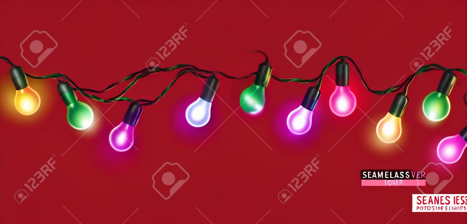 Christmas lights seamless vector design. Seamless and continuous xmas light with colorful sparkling endless decoration in red background. Vector Illustration.