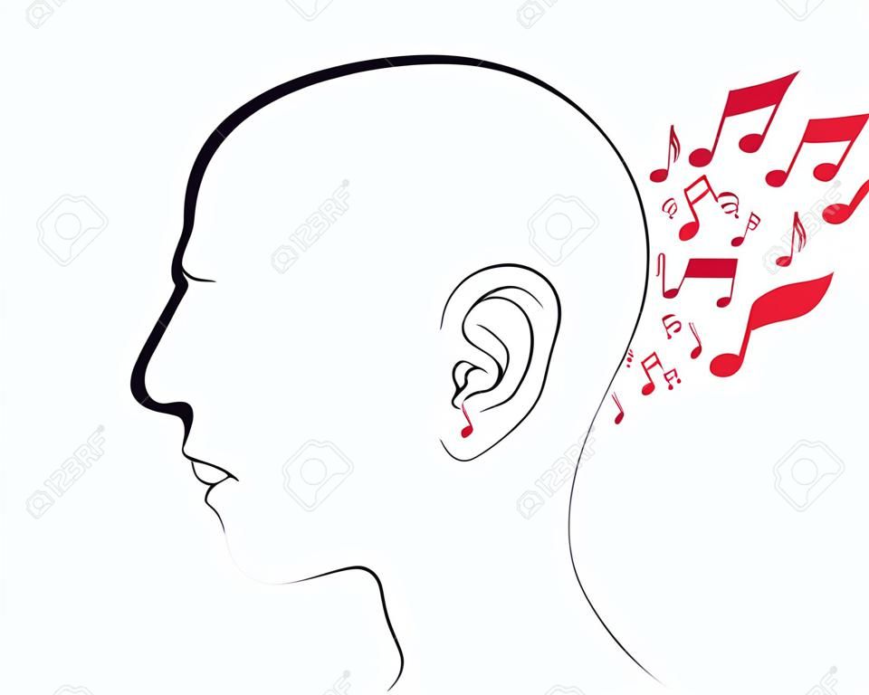 Una ilustración metafórica de una cara en blanco humano con símbolos musicales de entrar en su oído, aisladas sobre un fondo blanco.